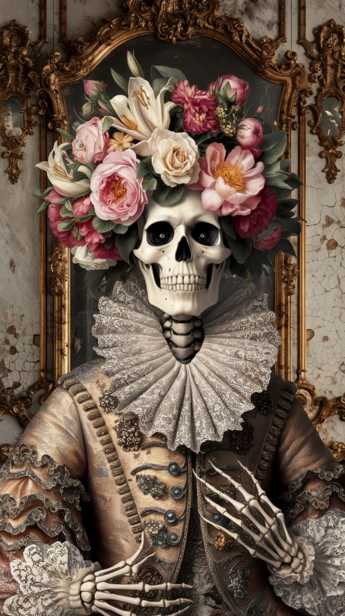 A richly detailed skeletal figure dressed...