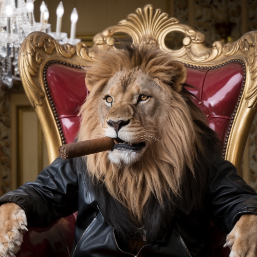 A lion with a big sigar, in black leather...