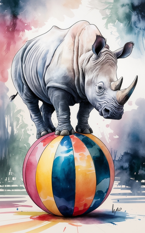 A watercolor illustration of a rhinoceros...