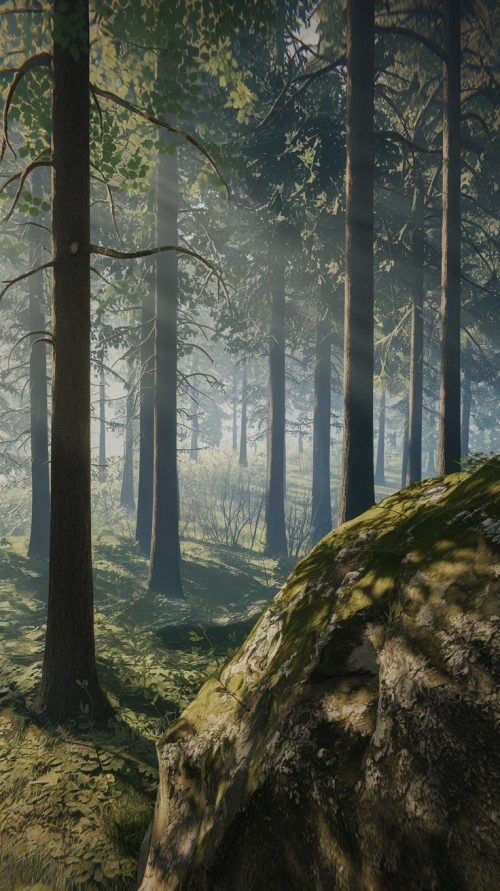 Dense, realistic forest with tall trees...